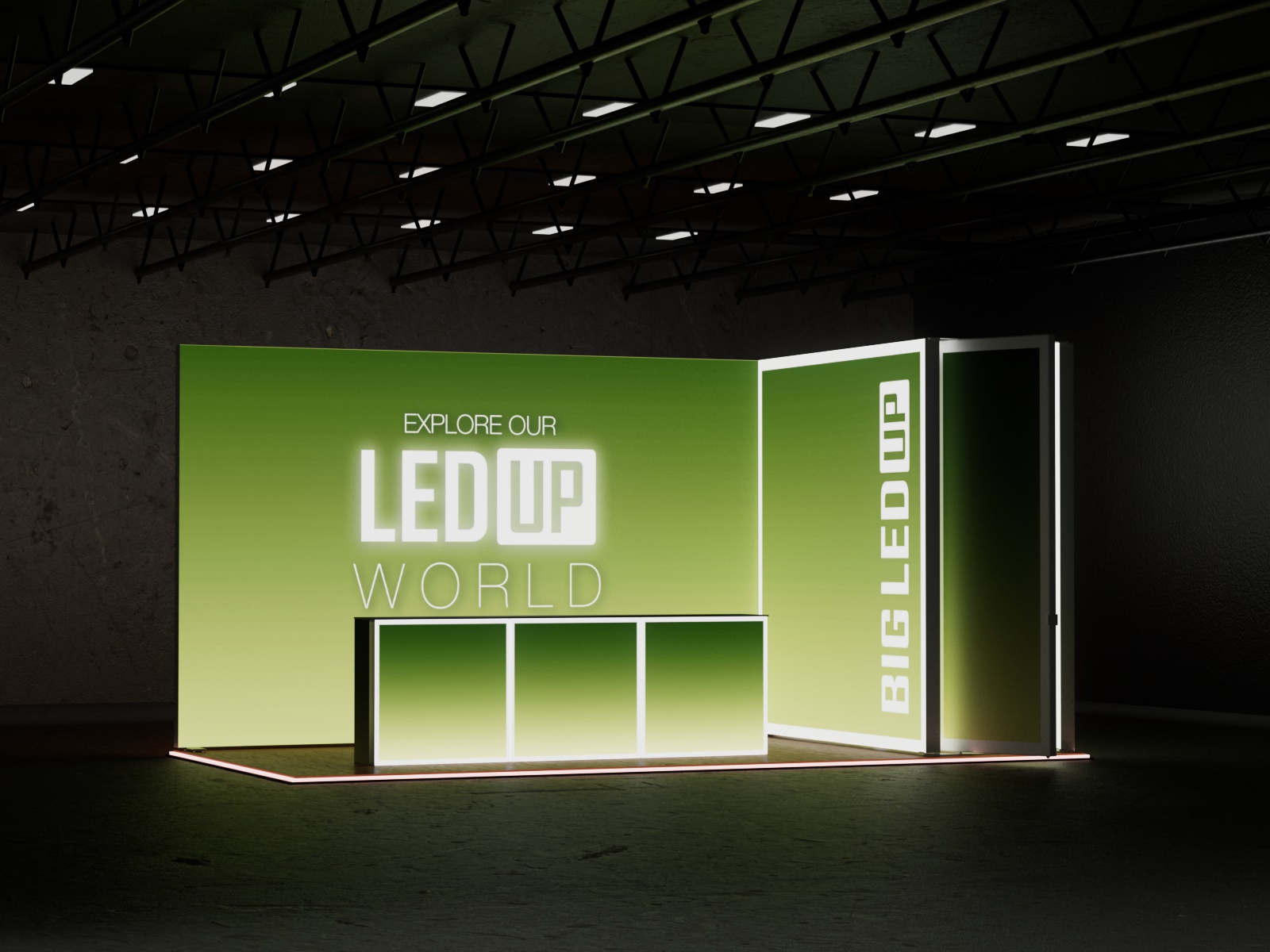 Stand BIG LED UP 6x3 retroiluminado con estructura modular, puerta iluminada y 3 mostradores personalizados.