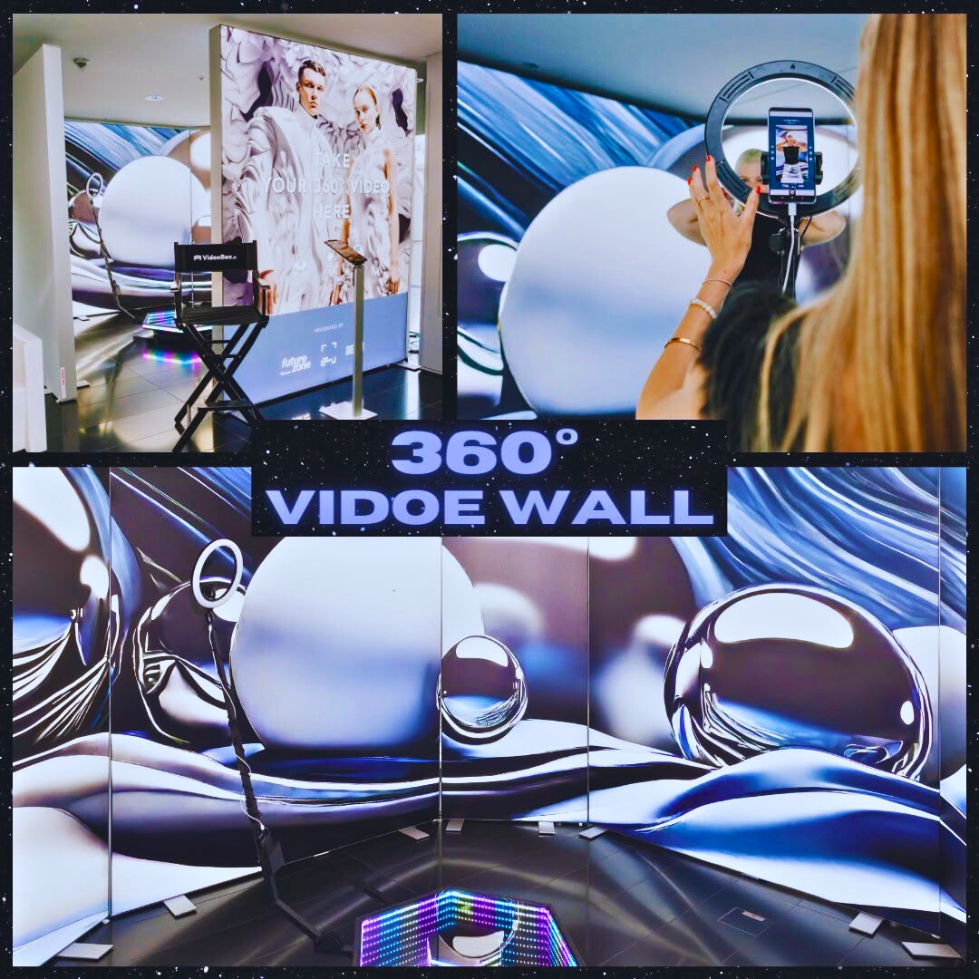 Cajas de luz retroiluminadas BIG LEDUP formando un espacio inmersivo 360º con proyección artística. Ideal para experiencias visuales y ferias.