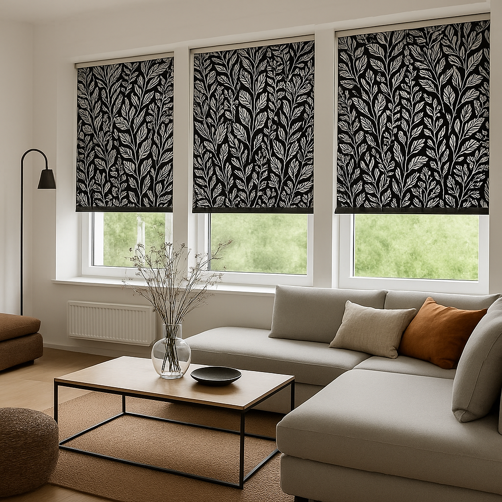 Estores enrollables personalizados con impresión decorativa en salón moderno — tejido Polycanvas opaco con trasera negra