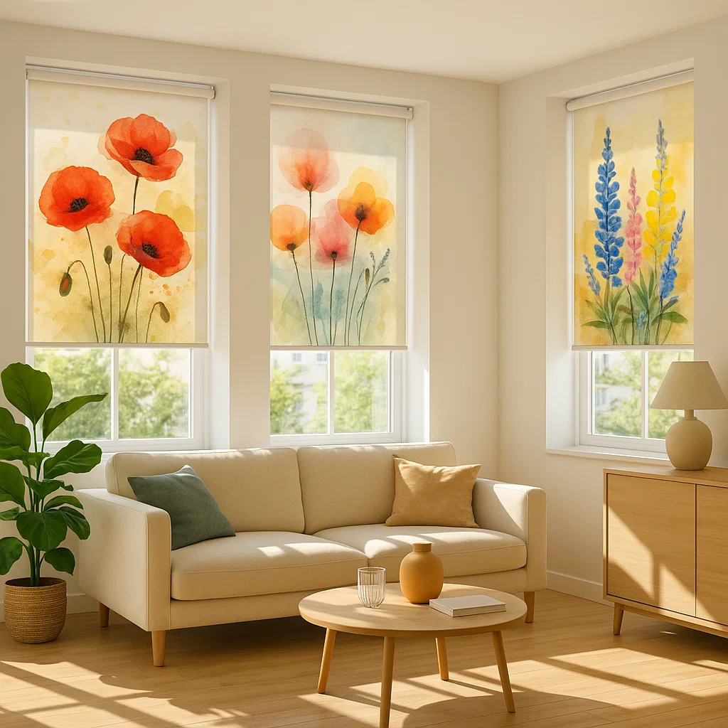 Estores enrollables con flores impresas sobre Tejido Screen 380g, decorativos y con control solar.